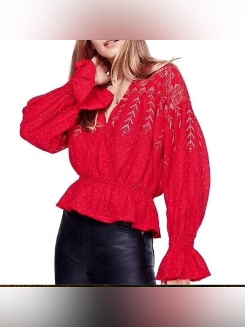 Free People NWT Cotton Seeing Stars Peasant Blouse- Caliente Red- S